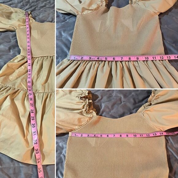 Endless Rose Mixed Media Puff Sleeve Tiered Mini Dress Tan S NWT - Picture 13 of 13